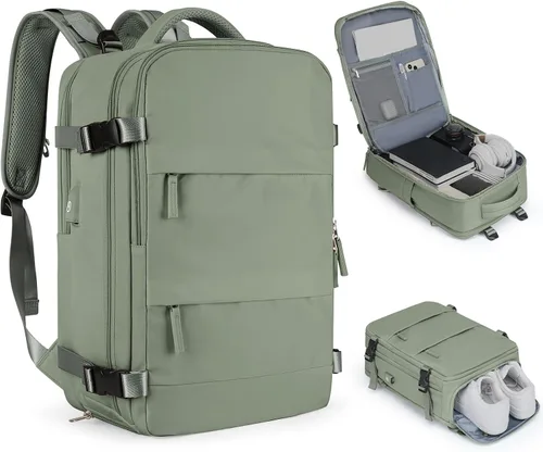 Vista 64 de Mochila de viaje grande, bolsa de mano, aprobada para aviones, para artículos personales, para hombre o mujer, color beige con marrón