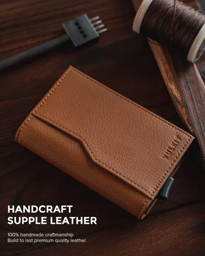 Vista 4 de VULKIT Tarjetero con ventana de identificación tarjetas emergentes cartera delgada de cuero con protección RFID hasta 12 tarjetas Marrón Minimalista