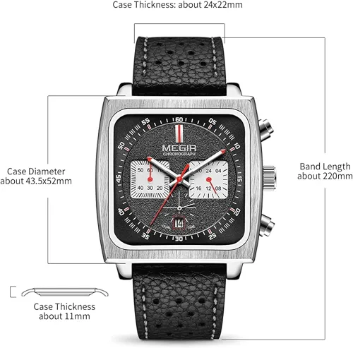 Vista 6 de MEGIR Relojes de cuarzo de 24 horas con esfera cuadrada para hombre, correa de cuero de moda, estilo casual