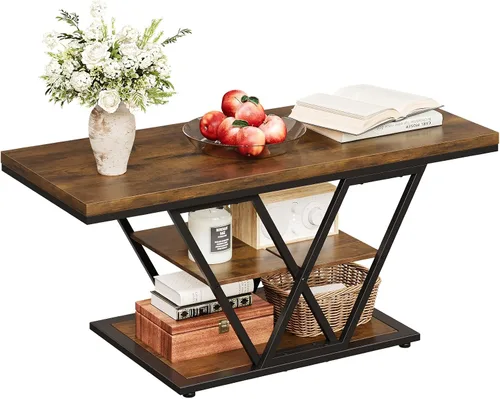 Vista 8 de Espelism Mesa de centro industrial con almacenamiento de 3 niveles para sala de estar, mesa rectangular de madera para cóctel, mesa de té rústica