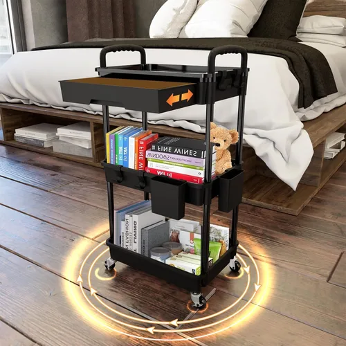 Vista 3 de Carrito rodante de 3 niveles con cajón, carrito de servicio REBECAT hecho de organizador de almacenamiento multifuncional para cocina, baño, sala