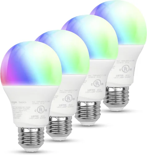 Vista 8 de Amazon Basics Bombilla LED inteligente A19, cambio de color, 9 W (equivalente a 60 W), 800 lm, funciona solo con Alexa, WiFi 2.4 GHz, no requiere