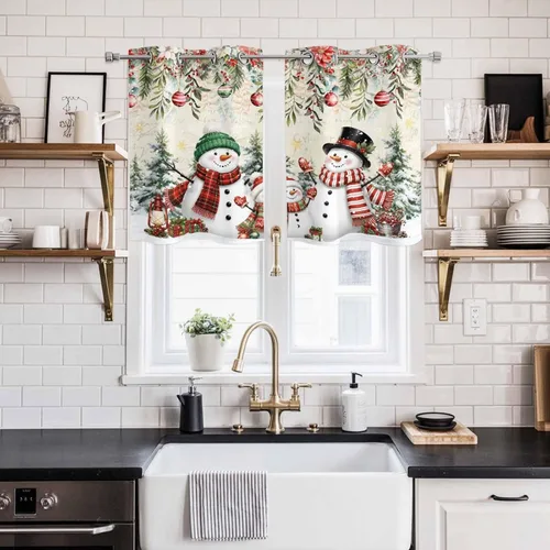 Vista 83 de Libaoge Cortinas de Navidad para cocina, dormitorio, juego de 2 paneles, diseño de muñeco de nieve de Navidad, cortinas de invierno con copos