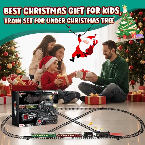 Vista 7 de Hot Bee Juego de Tren, Juguetes de Tren con Control Remoto y Pista de Lujo y Vagoneta Iluminada, Tren de Navidad de Metal para Árbol de Navidad