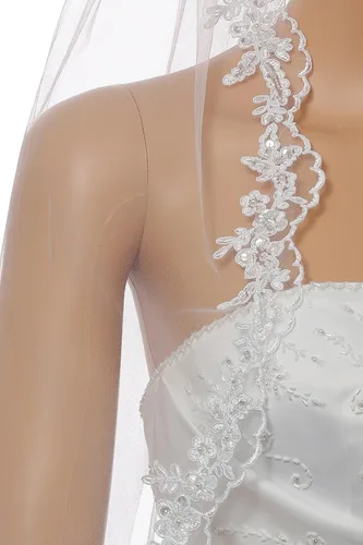 Vista 3 de SAMKY 1T 1 Nivel Flor Festira Embroided Lace Pearl Velo de boda nupcial
