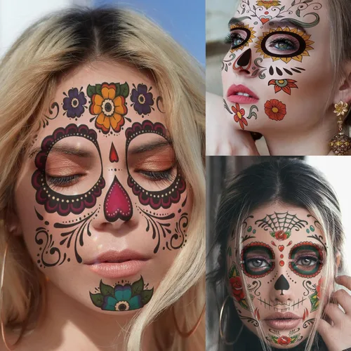 Vista 3 de Tatuajes faciales del Día de los Muertos, 8 hojas de tatuajes faciales temporales de calavera de azúcar para maquillaje de fiesta de Halloween