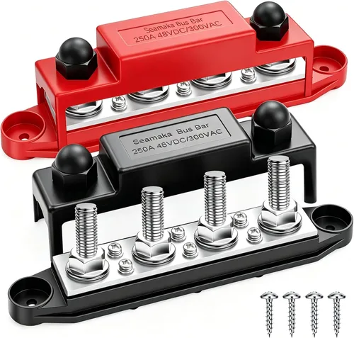 Vista 6 de (rojo + negro) Bloque de terminales de distribución de energía con cubierta con pernos de terminal M6, tornillos de terminal M4, barra de bus