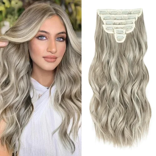 Vista 32 de Fliace Extensiones de cabello con clip para mujer, extensiones de cabello ondulado largo de color marrón medio, extensiones de cabello sintético