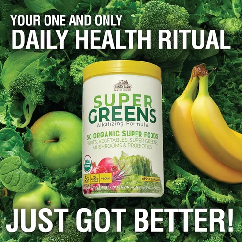 Vista 5 de Country Farms Super Greens Batido en Polvo de Manzana y Plátano, Súper Alimentos Orgánicos, Mezcla de Bebida Orgánica USDA, Frutas, Verduras