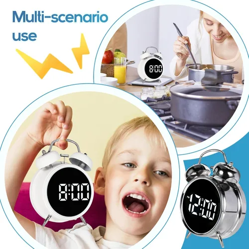Vista 7 de Reloj despertador extra fuerte para adultos, adolescentes, niños, bonito metal retro, antiguo con campanas gemelas, funciona con pilas o enchufe