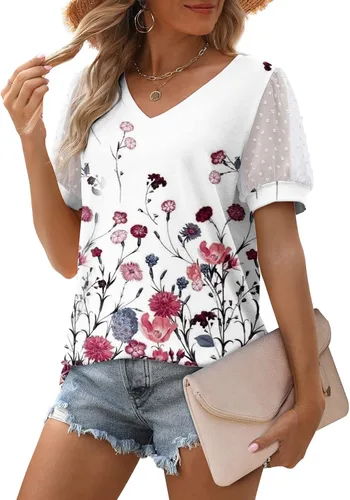 Vista 4 de Casual Summer Tops for Women Short Sleeve Pattern Blouses Basic Designed V-Neck Tee Shirts Beach Outfits for Women
