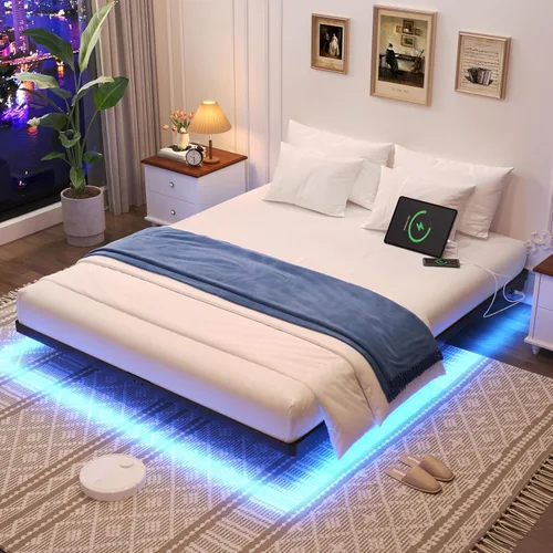 Vista 9 de Awesofurni Base de Cama Flotante de Tamaño Individual, Base de Cama Individual con Luces LED Inteligentes, Base de Cama Moderna de Metal Resistente