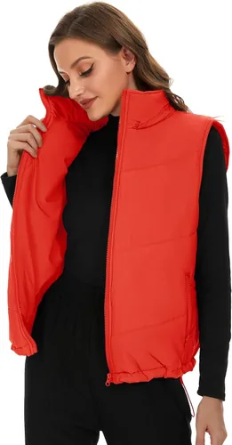 Vista 6 de Micoson Chalecos acolchados para mujer, de invierno, sin mangas, con capucha, con cremallera, cuello alto, con bolsillo, ajuste holgado