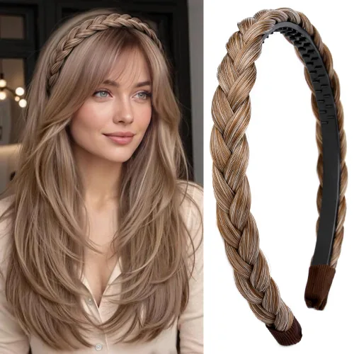 Vista 19 de Ancho de 1.5 cm Banda de pelo sintético trenzada estrecha con dientes para mujeres y niñas (Negro)