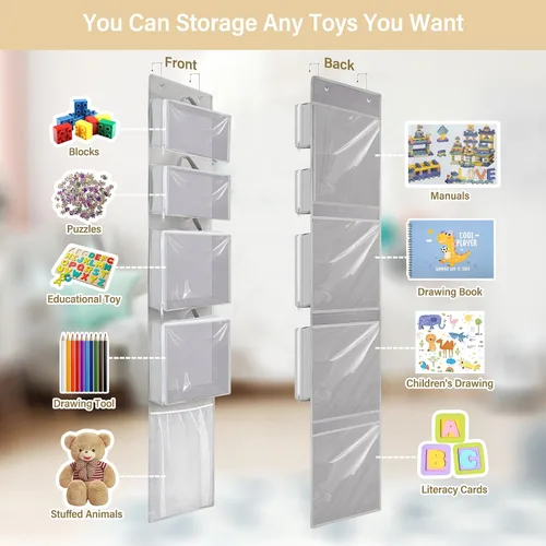 Vista 7 de Woodoulogy Organizador y almacenamiento para colocar sobre la puerta, soporte de juguetes colgante con 4 bolsas extraíbles transparentes, funda