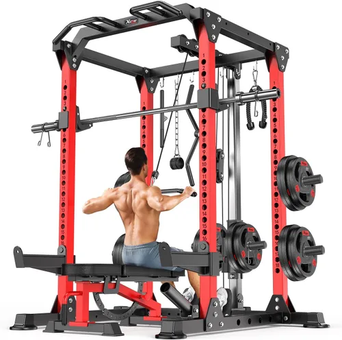 Vista 41 de Rack Multiusos para Sentadillas, Conjunto de Rack de Pesas Smith Machine con Sistema de Crossover de Cables, Racks de Potencia para Gimnasio