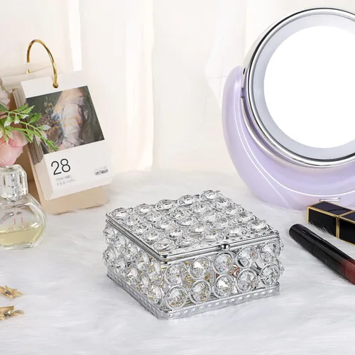 Vista 8 de ELLDOO Joyero de cristal plateado cuadrado organizador de joyas para aretes, anillos, caja del tesoro, caja de almacenamiento de recuerdos con tapa