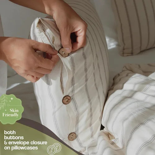 Vista 3 de Lavien Home, Juego de funda de edredón de algodón 100 % natural, tamaño individual, ropa de cama tipo lino a rayas de 2 piezas, prelavada para mayor