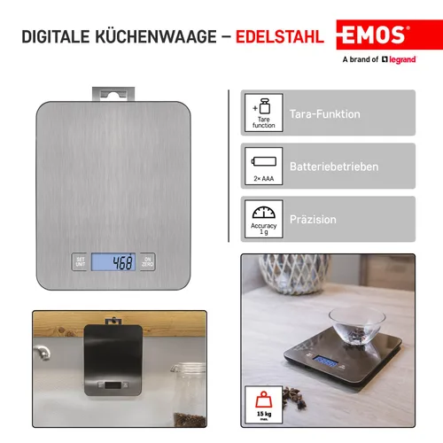 Vista 2 de EMOS Báscula de cocina de acero inoxidable para colgar en la pared/báscula digital con pantalla LCD iluminada/función de tara/báscula