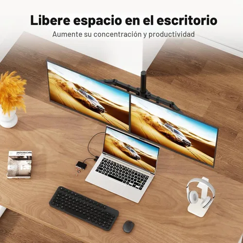 Vista 4 de Suptek Soporte de escritorio para monitor doble, brazo de monitor doble ajustable para 2 pantallas de computadora de hasta 27 pulgadas, poste extra