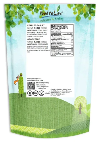 Vista 2 de Food to Live Cebada perlada, 1.5 libras - Cebada descascarada procesada, grano de cereal, kosher, vegano, a granel. Cocina más rápido. Alto