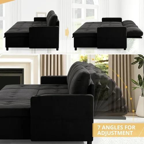 Vista 5 de Sofá cama extraíble de tela de 110 pulgadas con respaldos ajustables, sofá cama modular con puertos USB y 2 soportes para tazas, sofá tapizado