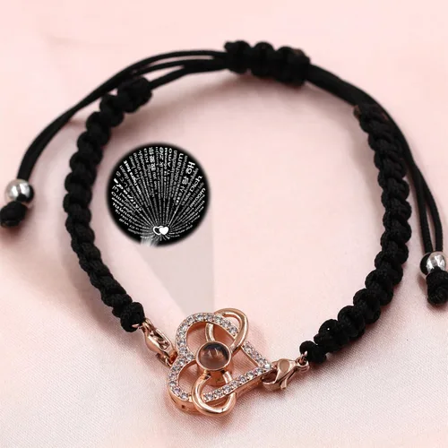 Vista 3 de Pulsera con texto en inglés "I Love You" en 100 idiomas, pulseras de proyección de corazón, cuerda trenzada ajustable, regalos de amor para mamá