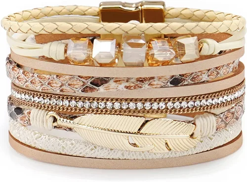 Vista 8 de Suyi Pulsera trenzada de cuero multicapa para mujer, con hebilla magnética Perla Caqui1