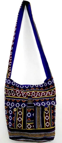 Vista 4 de Bandolera hecha a mano de algodón multicolor para mujer, estilo hippie, estilo bohemio, Malva y marrón, L, Duradero