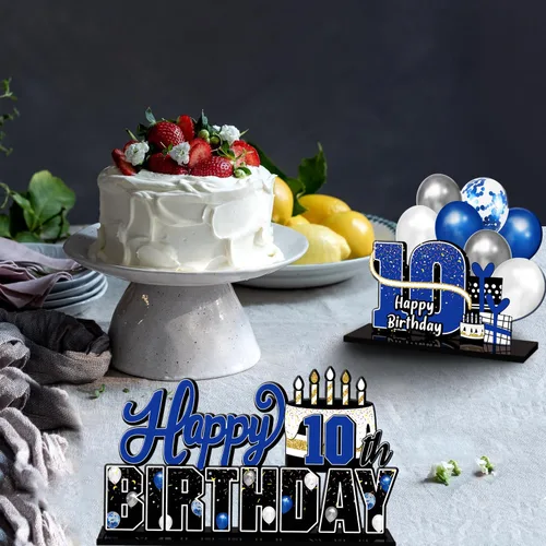 Vista 6 de LINGTEER Feliz 10º Cumpleaños Juego de Centros de Mesa de Acrílico Azul para Mesa - Brindemos por Diez Años Decoraciones de Regalo de Fiesta de 10º