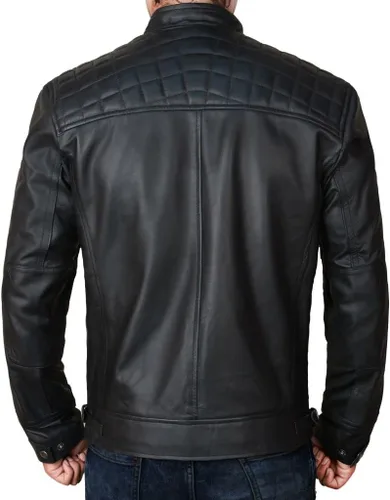 Vista 4 de STOREJEES Chaqueta de cuero para motocicleta para hombre, color negro, ajuste delgado, color marrón, estilo Moto Racer, moda atemporal para hombre