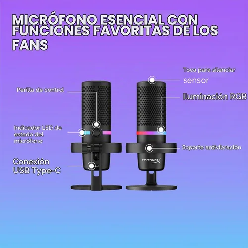 Vista 7 de HyperX DuoCast - Micrófono condensador USB RGB para PC, PS5, PS4, Mac, montaje de choque de bajo perfil, cardioide, omnidireccional, filtro pop