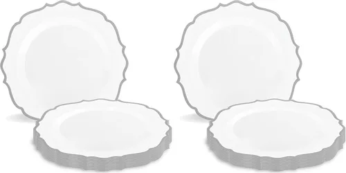 Vista 5 de Blue Sky Contemporary Collection - Platos de plástico blancos con borde dorado, vajilla desechable de 7.5 pulgadas (10 unidades) para eventos