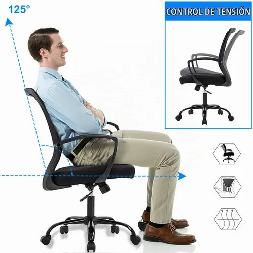 Vista 4 de Silla de oficina ergonómica de malla para computadora BestOffice, con reposabrazos, soporte lumbar, respaldo medio, giratoria, ajustable, para Negro