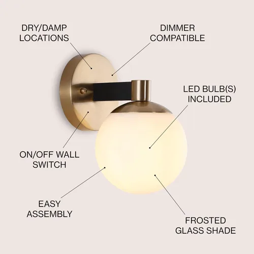 Vista 4 de JONATHAN Y Lámpara de pared LED de 5.75 pulgadas, color latón/negro, 1 luz de globo moderno, pantalla de vidrio esmerilado, lámpara de pared Art