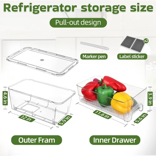 Vista 2 de Cajones organizadores grandes para refrigerador, paquete de 4 cubos organizadores transparentes extraíbles para refrigerador, contenedores apilables