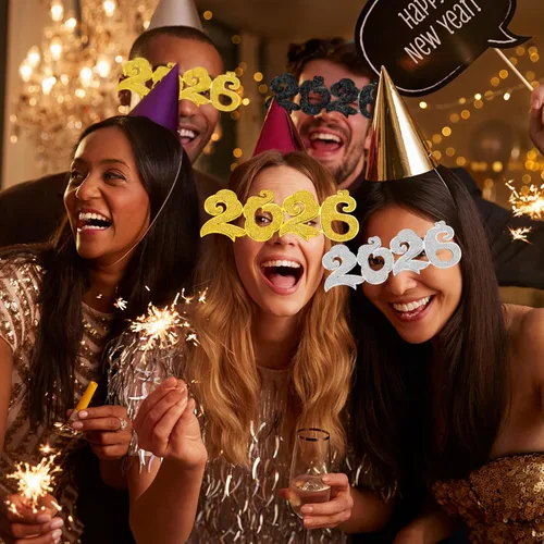 Vista 4 de 6 pares de anteojos de Nochevieja 2026 con purpurina número de lentes para fiesta 2026, divertidos lentes de sol novedosos para celebración de Año
