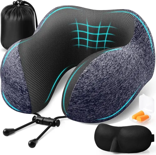 Vista 12 de ExploreBliss Almohada de viaje, almohadas de viaje para dormir en avión, almohada cervical de avión, juego de almohada de espuma viscoelástica