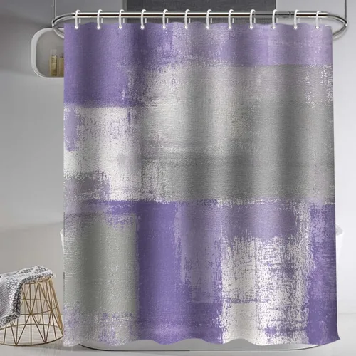Vista 3 de Lnond 4 Piezas Juegos de Cortinas de Ducha de Baño Moradas con Alfombras, Arte de Pintura Púrpura y Gris Juegos de Baño con Cortina de Ducha