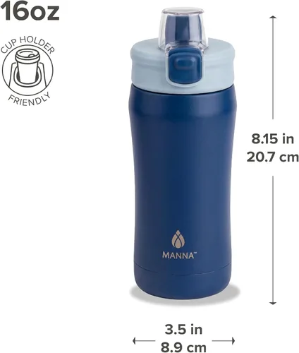 Vista 2 de Manna Botella de acero inoxidable con tapa de bloqueo a presión y boquilla para sorber - 16 onzas - Blazer Powder Coat