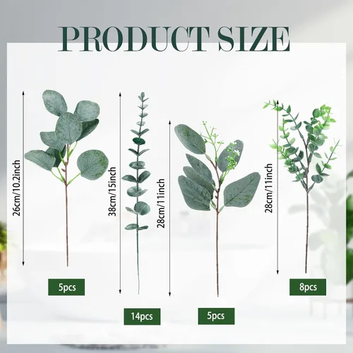 Vista 2 de Chunyin - 32 tallos artificiales de eucalipto mixto, mezcla de vegetación Variedad de dólares de plata incluida, para arreglos de jarrones