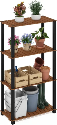 Vista 9 de Furinno Pangkor Turn-N-Tube - Estante de madera para plantas de interior y exterior de 3 niveles con postes cuadrados, color natural/negro