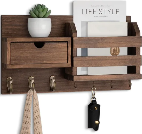 Vista 11 de Lwenki Organizador de llaves y correo de pared con cajón de almacenamiento, 100% madera de Paulownia, 7 ganchos de metal, decoración del hogar