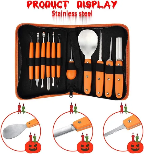 Vista 2 de Kit profesional de tallado de calabaza, 11 piezas de herramientas de tallado de acero inoxidable resistentes para Halloween con estuche de Naranja
