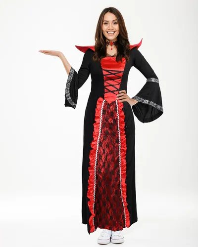 Vista 6 de Xtinmee Juego de 5 piezas de disfraz de vampiro real para niñas, fiesta temática de vampiro, victoriana, reina de vampiro, juego de rol, fiesta