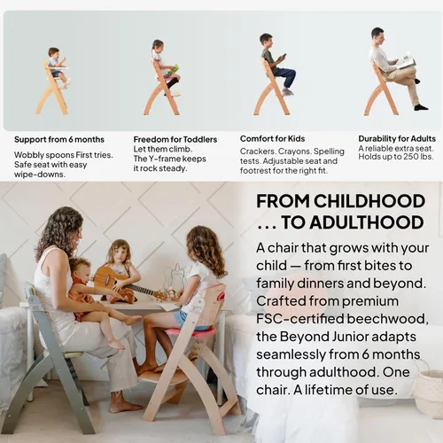 Vista 4 de Silla alta de madera Abiie Beyond Junior con bandeja - Trona ajustable y convertible para bebés y niños pequeños - De 6 meses a 113 kg - Resistente