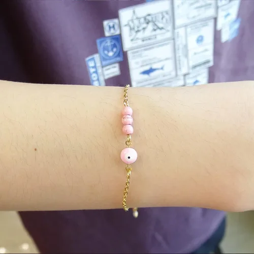 Vista 3 de HFYIREN Pulseras contra el mal de ojo para mujer, acero inoxidable de oro de 14 quilates, pulsera de cuentas de turquesa, pulsera de cadena