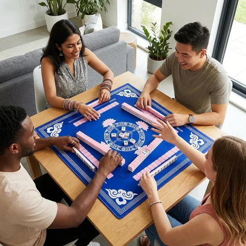 Vista 8 de Mahjong Mat para mesa con reglas 4 dados y bolsa 31.5 x 31.5 pulgadas, azul