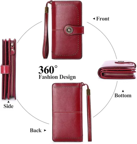 Vista 4 de SENDEFN - Cartera de cuero genuino para mujer con correa 24 ranuras para tarjetas 2 ventanas para identificación compartimentos para efectivo 1