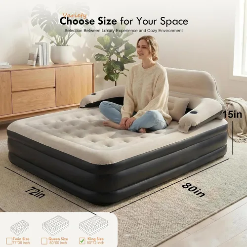 Vista 6 de DIMAR GARDEN Colchón de aire tamaño King con cabecera y bomba, colchón inflable cama con almohadas